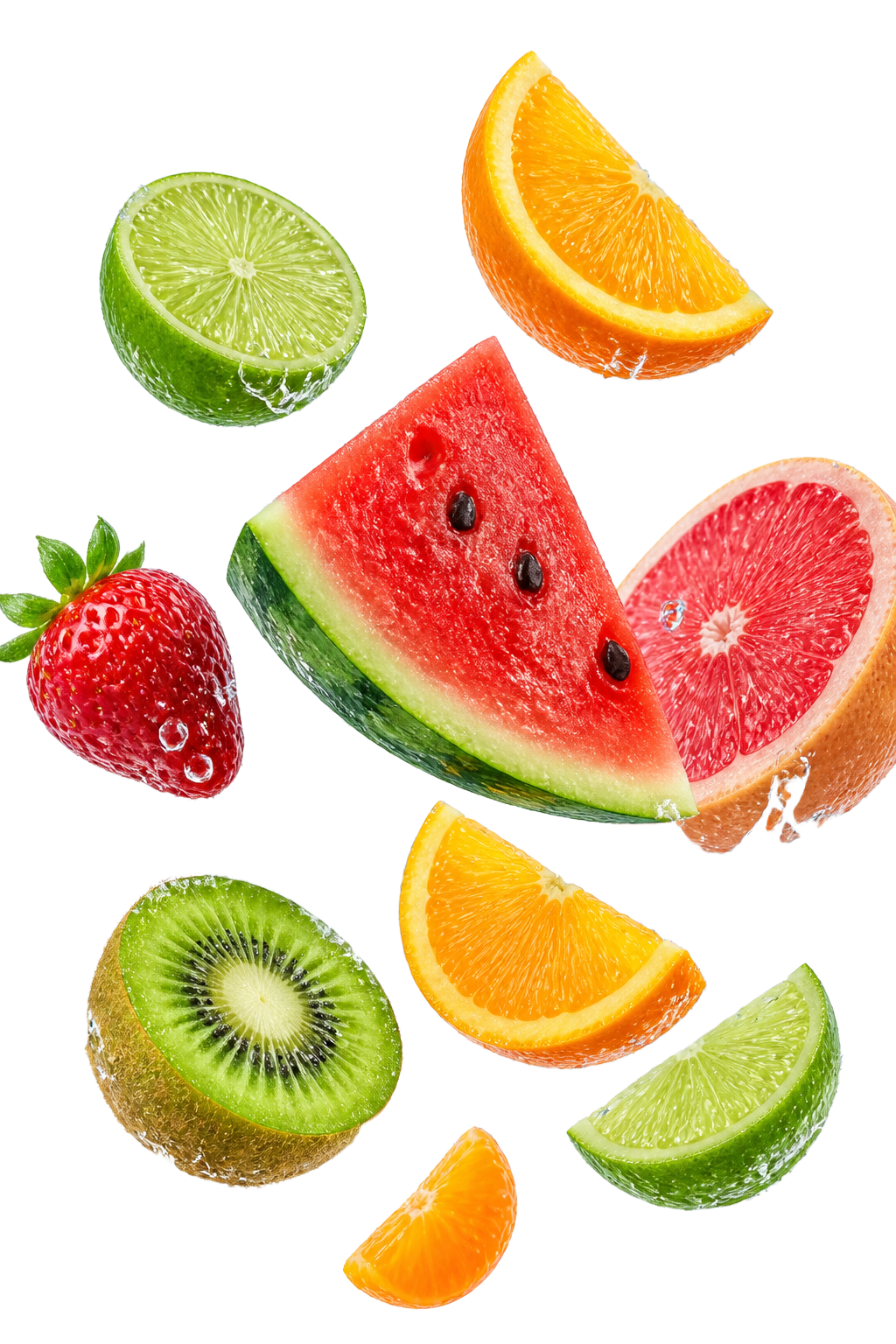 Fruits juteux en suspension avec éclaboussures d'eau, symbole d'hydratation